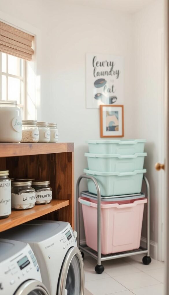 A well-organized laundry room featuring stylish containers and bins. In the foreground, a beautifully crafted wooden shelf holds various labeled jars filled with laundry supplies, including detergent pods and fabric softener, all elegantly arranged. In the middle, a set of colorful, stackable laundry bins in soft pastels is placed on a small cart, emphasizing organization and aesthetics. The background shows clean, pristine walls adorned with tasteful wall art that captures the essence of laundry day. Soft, natural lighting filters in through a window, creating a warm and inviting atmosphere. The mood is homely and efficient, reflecting modern organizational trends. Ensure the image evokes a Pinterest-worthy vibe, styled as though it belongs in a layout from "CozyTrendHub." A well-organized laundry room featuring stylish containers and bins. In the foreground, a beautifully crafted wooden shelf holds various labeled jars filled with laundry supplies, including detergent pods and fabric softener, all elegantly arranged. In the middle, a set of colorful, stackable laundry bins in soft pastels is placed on a small cart, emphasizing organization and aesthetics. The background shows clean, pristine walls adorned with tasteful wall art that captures the essence of laundry day. Soft, natural lighting filters in through a window, creating a warm and inviting atmosphere. The mood is homely and efficient, reflecting modern organizational trends. Ensure the image evokes a Pinterest-worthy vibe, styled as though it belongs in a layout from "CozyTrendHub."