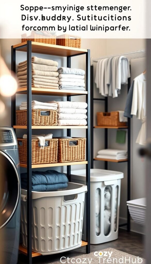 A well-organized laundry storage area featuring space-saving solutions for bulky linens. In the foreground, a modern, stylish open shelving unit displays neatly folded towels in various colors, wicker baskets for smaller items, and clear bins labeled for easy access. In the middle, a sleek laundry basket is tucked beside the shelving, while a wall-mounted drying rack is filled with freshly laundered items. The background showcases a light-filled laundry room with soft, warm lighting, enhancing the cozy atmosphere. Use a shallow depth of field to create a beautiful bokeh effect, focusing on the shelving unit. The overall mood is inviting and practical, reflecting the functionality of budget-friendly organization products. Include elements that evoke a Pinterest-style aesthetic, branded subtly with "CozyTrendHub."