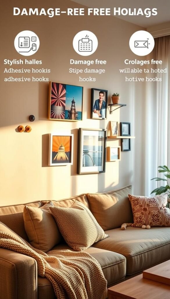 A well-organized living room scene showcasing damage-free hanging methods for wall decor, featuring stylish adhesive hooks and clever wall-mounted shelves. In the foreground, a cozy sofa with decorative cushions and a plush throw blanket invites relaxation. The middle layer highlights a wall adorned with vibrant artwork and framed images hung using various damage-free techniques. Soft, ambient lighting creates a warm atmosphere, enhancing the appeal of the decor. In the background, a soft-focus window draped with light curtains lets in natural light, casting gentle shadows. The overall mood is inviting and trendy, highlighting the practicality of stylish decor solutions for apartment living. The scene embodies Pinterest-worthy inspiration from CozyTrendHub.