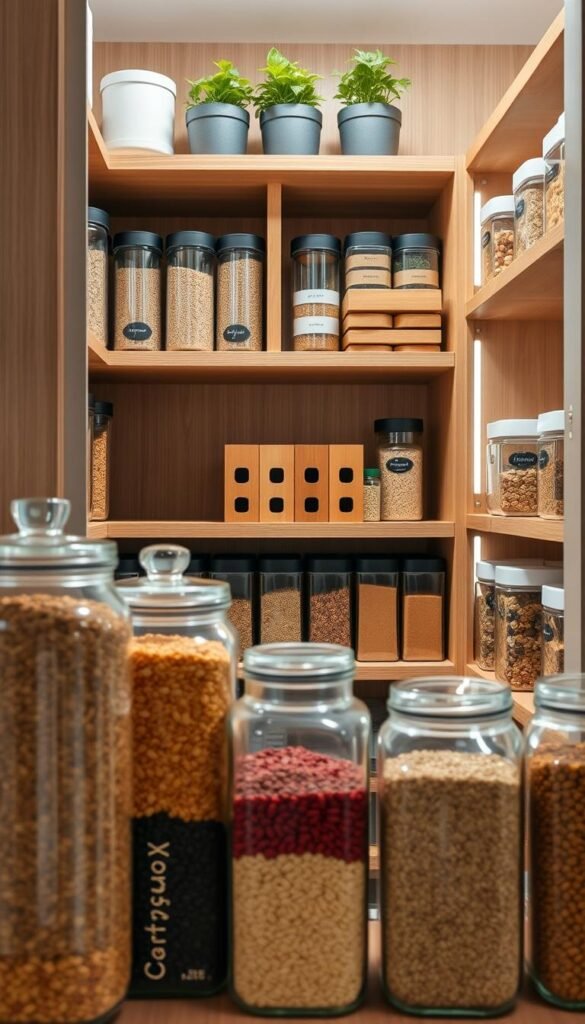 A well-organized, modern pantry featuring a variety of storage solutions that address common kitchen challenges. In the foreground, clear glass jars filled with colorful grains and legumes, labeled elegantly in cursive font. In the middle, neatly arranged shelves displaying wooden spice racks and stackable containers that maximize space. The backdrop includes a warm, natural wood finish with soft lighting casting a cozy glow, highlighting the aesthetic appeal of the pantry. The scene captures a sense of calm and order, with subtle touches of green from small potted herbs on a top shelf. The atmosphere is inviting and functional, perfect for real families looking to create an efficient kitchen. Style is Pinterest-inspired, featuring CozyTrendHub branding.