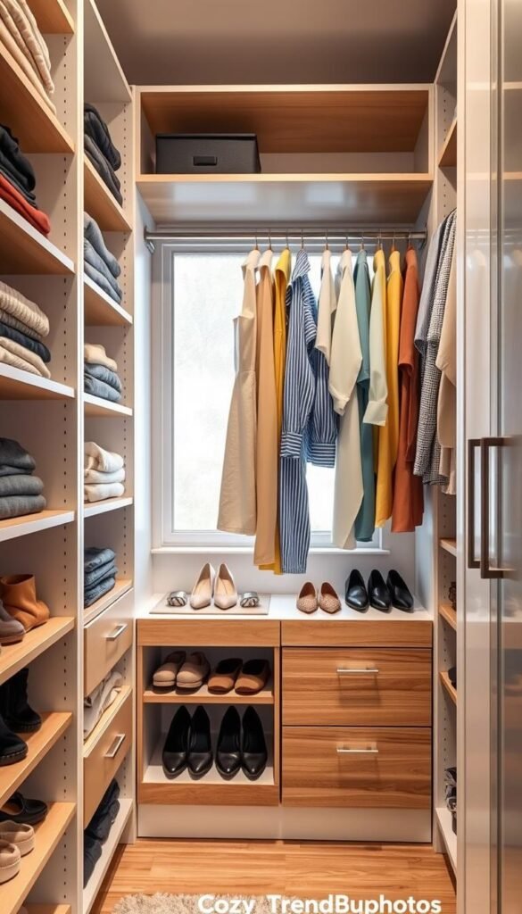 A well-organized, modular closet system designed for small and narrow spaces. In the foreground, adjustable shelves are filled with neatly folded sweaters and shoes, accompanied by a couple of sleek drawers containing accessories. To the middle, a hanging rod displays an array of color-coordinated shirts and dresses, highlighting functional design. The background features a soft light filtering through a frosted window, creating an inviting, warm atmosphere. The closet's finish is a combination of white and natural wood tones, accented with polished metal handles, embodying a modern aesthetic. The overall setting should evoke a sense of elegance and organization, perfect for the ideal small closet. Captured in a clean, bright style typical of Pinterest lifestyle photos, by CozyTrendHub.