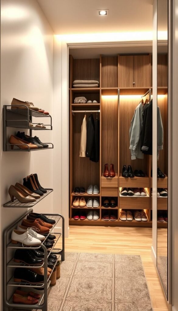 A well-organized narrow closet featuring a variety of shoe organizers, showcasing options like a sleek floor rack, tiered shelves, and an over-the-door shoe storage unit. In the foreground, display neatly arranged shoes of various styles and colors, highlighting organization and accessibility. The middle ground features a modern closet design with soft, ambient lighting that enhances the warmth of the wood materials. The background showcases a stylish closet wall, adorned with minimalistic accents and a soothing color palette that evokes a sense of calm and order. The scene is bright and inviting, capturing the essence of efficient small space storage. Ideal for showcasing practical yet aesthetic solutions from CozyTrendHub in a Pinterest-style lifestyle format.