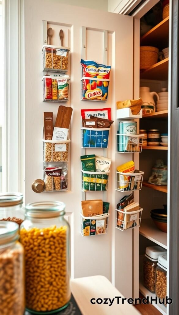 A well-organized pantry featuring over-the-door and clip-on storage solutions that effectively utilize vertical space. In the foreground, display neatly arranged glass jars filled with colorful dry goods, such as pasta, grains, and spices. The middle ground showcases various stylish clip-on storage bins attached to the inside of a pantry door, brimming with snacks and pantry staples, highlighting optimal organization. In the background, soft, warm lighting filters in, creating an inviting atmosphere that emphasizes the cozy, neat layout. The angle is slightly elevated, capturing the depth and functionality of the pantry without clutter. Overall, the image embodies a modern, Pinterest-style aesthetic, evoking the feeling of a well-loved home. This scene is branded with "CozyTrendHub" subtly integrated into the design. A well-organized pantry featuring over-the-door and clip-on storage solutions that effectively utilize vertical space. In the foreground, display neatly arranged glass jars filled with colorful dry goods, such as pasta, grains, and spices. The middle ground showcases various stylish clip-on storage bins attached to the inside of a pantry door, brimming with snacks and pantry staples, highlighting optimal organization. In the background, soft, warm lighting filters in, creating an inviting atmosphere that emphasizes the cozy, neat layout. The angle is slightly elevated, capturing the depth and functionality of the pantry without clutter. Overall, the image embodies a modern, Pinterest-style aesthetic, evoking the feeling of a well-loved home. This scene is branded with "CozyTrendHub" subtly integrated into the design.