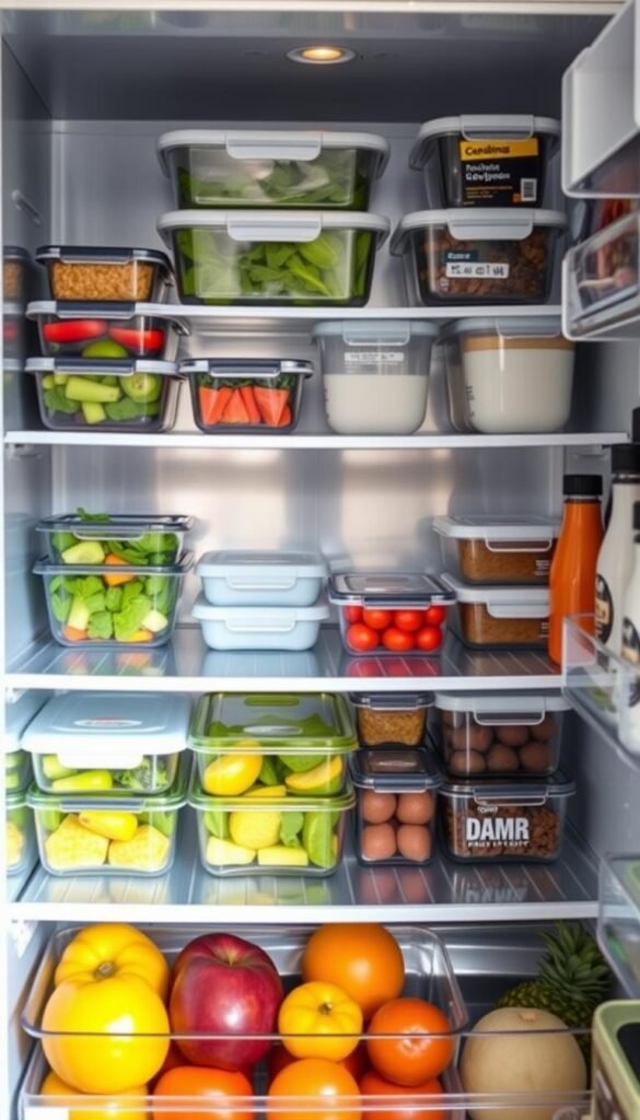 A well-organized refrigerator interior, showcasing neatly arranged fridge shelves filled with various food containers optimized for small spaces. The foreground features a variety of colorful, stackable airtight containers holding fresh fruits, leafy greens, and pre-prepared meals. The middle ground includes clear, labeled containers for dairy and condiments, creating an inviting and functional layout. The background hints at a sleek stainless steel fridge door, slightly ajar, with a soft, natural light streaming in, enhancing the freshness of the food. The overall mood is clean, practical, and cozy, reflecting a stylish kitchen environment. Capture this scene in a vibrant lifestyle photo, emphasizing clever organization that resonates with home decor enthusiasts, inspired by CozyTrendHub.