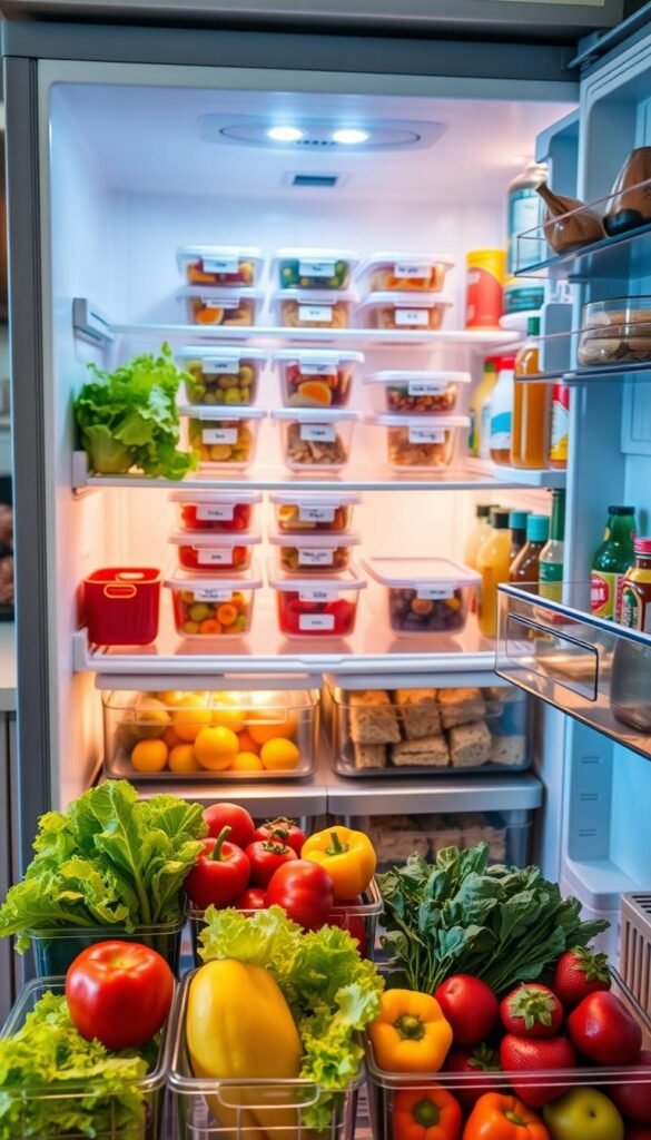 A well-organized refrigerator scene showcasing an array of neatly arranged food items, including fresh fruits, vegetables, and labeled containers of leftovers. In the foreground, a bright and colorful assortment of produce, such as crisp lettuce, vibrant bell peppers, and juicy strawberries, sits perfectly in clear storage bins. The middle layer features organized shelves with neatly stacked containers, each labeled for easy identification, and a cozy, ambient light casts a warm glow. In the background, the sleek and modern fridge door opens to reveal additional storage compartments filled with condiments and beverages. A pleasing kitchen setting surrounds the fridge, reflecting a Pinterest-worthy lifestyle aesthetic, with subtle cozy decor elements. This image embodies a harmonious approach to fridge organization by CozyTrendHub.