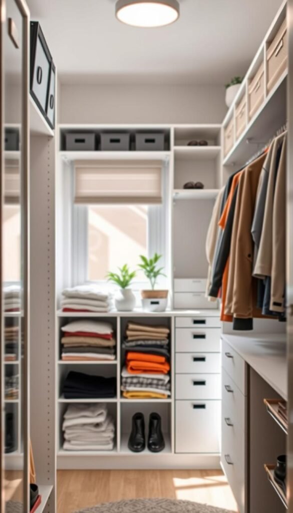 A well-organized renter-friendly closet showcasing innovative storage solutions, featuring stylish bins, clear labels, and hanging organizers. In the foreground, a modern, minimalist closet space reveals neatly arranged clothes, shoes, and accessories; a colorful assortment of clothing neatly folded on a shelf. In the middle, eye-catching hooks and removable shelving options secure various items, emphasizing the renter-friendly aspect. In the background, soft, natural light filters through a nearby window, creating a bright and inviting atmosphere. The closet is decorated with subtle greenery, enhancing the cozy feel. This image reflects smart organization and aesthetics, perfect for a contemporary home, embodying the vibe of CozyTrendHub. A well-organized renter-friendly closet showcasing innovative storage solutions, featuring stylish bins, clear labels, and hanging organizers. In the foreground, a modern, minimalist closet space reveals neatly arranged clothes, shoes, and accessories; a colorful assortment of clothing neatly folded on a shelf. In the middle, eye-catching hooks and removable shelving options secure various items, emphasizing the renter-friendly aspect. In the background, soft, natural light filters through a nearby window, creating a bright and inviting atmosphere. The closet is decorated with subtle greenery, enhancing the cozy feel. This image reflects smart organization and aesthetics, perfect for a contemporary home, embodying the vibe of CozyTrendHub.