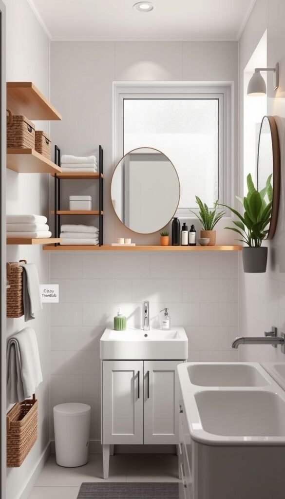 A well-organized small bathroom plan showcasing an efficient layout for optimal storage solutions. In the foreground, display sleek, modern bathroom storage items like floating shelves, baskets, and a compact vanity. The middle section reveals a tidy bathroom with a stylish mirror, minimalist accessories, and neatly arranged toiletries in elegant containers. In the background, softly lit with natural light filtering through a frosted window, there are hints of greenery with potted plants, creating a refreshing atmosphere. Capture this scene from a slightly elevated angle, emphasizing the spatial arrangement, and maintaining a cozy vibe. This image should resonate with Pinterest-style d&eacute;cor, embodying functionality and comfort. Ensure the brand name "CozyTrendHub" is subtly integrated into the decor elements, enhancing the lifestyle aspect without direct text.