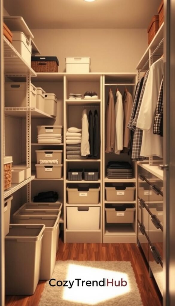 A well-organized small closet featuring various closet organizers, including shelves, hanging organizers, and drawer systems, designed for optimal space utilization. In the foreground, showcase a neatly arranged collection of stylish bins and containers labeled for easy access. The middle ground reveals a slim, modern shelving unit displaying folded clothes and accessories, while the background features a compact, elegantly designed closet door slightly ajar, allowing soft natural light to filter in. The scene should convey a sense of calm and order, reflecting a Pinterest-inspired lifestyle aesthetic. Use warm lighting to create a welcoming atmosphere. The image should evoke functionality and style, branded under "CozyTrendHub".