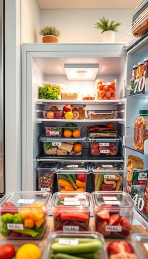 A well-organized small freezer filled with various neatly packed food items such as colorful fruits, vegetables, lean meats, and pre-prepared meals. In the foreground, focus on clear plastic storage containers with labels indicating dates for freshness, showcasing effective food management practices. The middle layer features the open freezer door with good visibility of the contents inside, arranged for optimal access. The background includes a modern kitchen setting with soft, natural lighting filtering in, highlighting a cozy and inviting atmosphere. Shoot from a slightly elevated angle to capture the full depth of the freezer while keeping the kitchen's aesthetics stylish and homely. This image embodies the essence of effective meal planning and food organization, reflecting the brand CozyTrendHub.