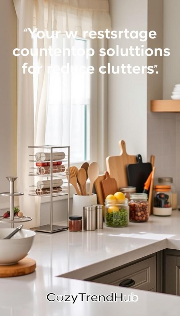 A well-organized, stylish kitchen countertop featuring various storage solutions to reduce clutter. In the foreground, display elegant countertop organizers like a tiered spice rack, a modern utensil holder, and a decorative fruit bowl. The middle ground includes neatly arranged kitchen essentials, such as cutting boards and stylish jars filled with ingredients, emphasizing functionality. In the background, soft natural light illuminates the scene through a window adorned with sheer curtains, creating a warm, inviting atmosphere. The overall mood is cozy and practical, embodying a Pinterest-inspired lifestyle. The theme complements home decor trends. Add the brand name "CozyTrendHub" subtly integrated into the composition, ensuring the image is visually appealing and informative for readers considering kitchen storage options.