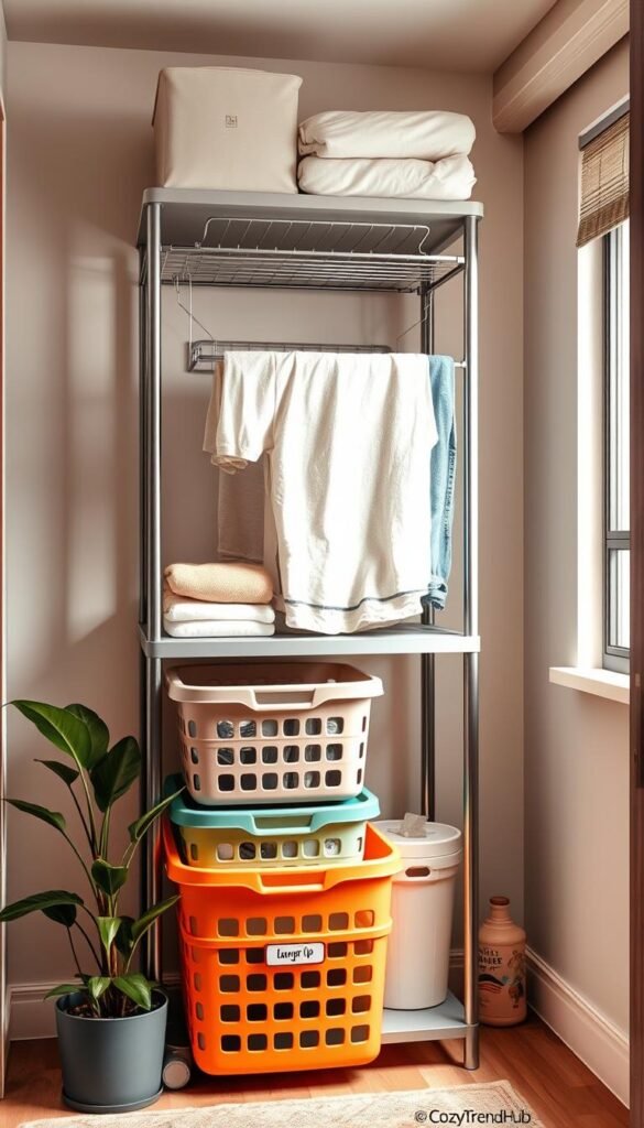 A well-organized, stylish laundry storage solution tailored for small spaces, featuring a compact, multi-functional shelving unit. In the foreground, showcase a neatly stacked arrangement of colorful storage baskets with labels, alongside a small indoor plant for a touch of greenery. The middle layer displays a wall-mounted clothes drying rack, integrated seamlessly into the limited space. In the background, incorporate soft, ambient lighting that highlights the warm tones of the room, suggesting a cozy atmosphere. The scene should evoke a sense of efficiency and comfort, ideal for urban living. Use natural light from a nearby window to enhance the space's inviting feel. This lifestyle photo aligns with home decor aesthetics from CozyTrendHub, portraying the perfect blend of functionality and style.