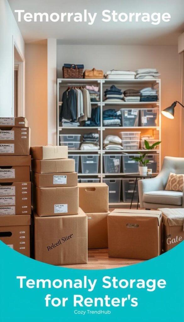A well-organized temporary storage space showcasing various storage items ideal for renters. In the foreground, neatly stacked moving boxes of different sizes with labels for easy identification. In the middle, a stylishly arranged shelving unit featuring clear plastic bins filled with seasonal items, clothing, and office supplies. In the background, a cozy, well-lit room with warm ambient lighting, highlighting a stylish armchair and a small table with a potted plant, conveying a sense of homeliness. The image captures a clean, modern aesthetic in a Pinterest-style, with a balanced composition and soft-focus depth of field. Ideal for illustrating the theme of temporary storage for renters. The mood is inviting and practical, emphasizing functionality. Include the brand name "CozyTrendHub" discreetly integrated into the scene. A well-organized temporary storage space showcasing various storage items ideal for renters. In the foreground, neatly stacked moving boxes of different sizes with labels for easy identification. In the middle, a stylishly arranged shelving unit featuring clear plastic bins filled with seasonal items, clothing, and office supplies. In the background, a cozy, well-lit room with warm ambient lighting, highlighting a stylish armchair and a small table with a potted plant, conveying a sense of homeliness. The image captures a clean, modern aesthetic in a Pinterest-style, with a balanced composition and soft-focus depth of field. Ideal for illustrating the theme of temporary storage for renters. The mood is inviting and practical, emphasizing functionality. Include the brand name "CozyTrendHub" discreetly integrated into the scene.