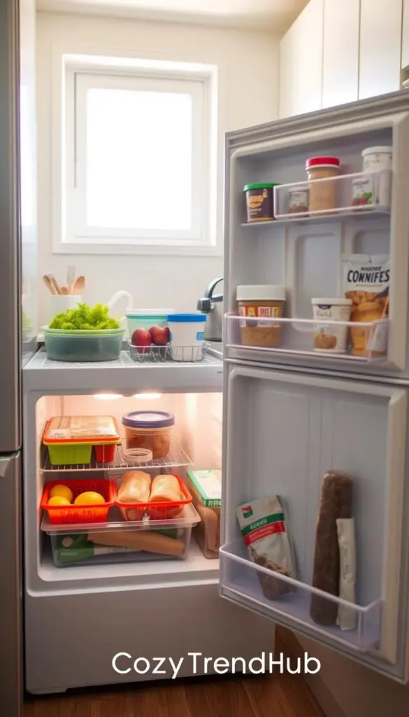 A well-organized top freezer in a small apartment kitchen, featuring neatly arranged containers and food items, emphasizing efficient use of space. In the foreground, colorful, labeled bins hold frozen vegetables, fruits, and meats, while a small box of ice cream sits in one corner. In the middle ground, the freezer door is open, revealing an inviting layout that maximizes storage space. The background includes a cozy kitchen setting with soft, natural light filtering through a nearby window, casting a warm glow on the appliances. The atmosphere feels organized and harmonious, perfect for shared households. The photo captures a bright, Pinterest-style aesthetic, enhancing modern small living spaces. Include the brand name "CozyTrendHub" subtly incorporated into the image design. A well-organized top freezer in a small apartment kitchen, featuring neatly arranged containers and food items, emphasizing efficient use of space. In the foreground, colorful, labeled bins hold frozen vegetables, fruits, and meats, while a small box of ice cream sits in one corner. In the middle ground, the freezer door is open, revealing an inviting layout that maximizes storage space. The background includes a cozy kitchen setting with soft, natural light filtering through a nearby window, casting a warm glow on the appliances. The atmosphere feels organized and harmonious, perfect for shared households. The photo captures a bright, Pinterest-style aesthetic, enhancing modern small living spaces. Include the brand name "CozyTrendHub" subtly incorporated into the image design.