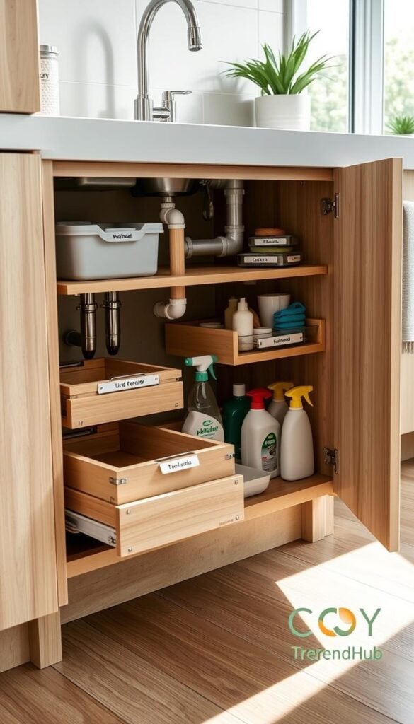 A well-organized under-sink storage solution in a modern kitchen, featuring a stylish arrangement of labeled bins, pull-out drawers, and a tiered shelf system seamlessly integrated around plumbing pipes. The foreground showcases an elegant, soft-close cabinet made of light wood with a smooth finish. In the middle, neatly arranged cleaning supplies, dish detergents, and sponges are visible, creating a sense of order. The background illustrates a bright and airy kitchen, with natural light streaming in from a nearby window, casting gentle shadows and enhancing the colors. The overall mood is inviting and functional, ideal for space-saving organization. The image should evoke Pinterest-style lifestyle inspiration, branded with "CozyTrendHub" for a polished, home decor aesthetic.