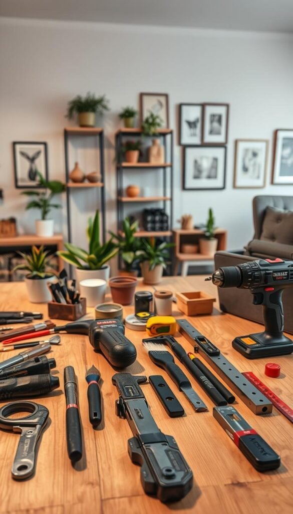 A well-organized workspace featuring an array of essential tools and DIY items, including a high-quality drill, a versatile toolset, paintbrushes, measuring tape, and a level laid out on a clean wooden workbench. In the foreground, focused lighting accentuates the gleaming metallic surfaces of the tools, creating a sense of craftsmanship. The middle layer contains a selection of potted plants and home decor elements like sleek shelving and a stylish toolbox, adding warmth and character to the scene. The background features a softly lit, cozy apartment interior with subtle elements of home improvement, like framed pictures and an open wall of fresh paint, reflecting the excitement of DIY projects. The mood is inviting, warm, and motivational, perfect for first-time homeowners and apartment fixes. CozyTrendHub.
