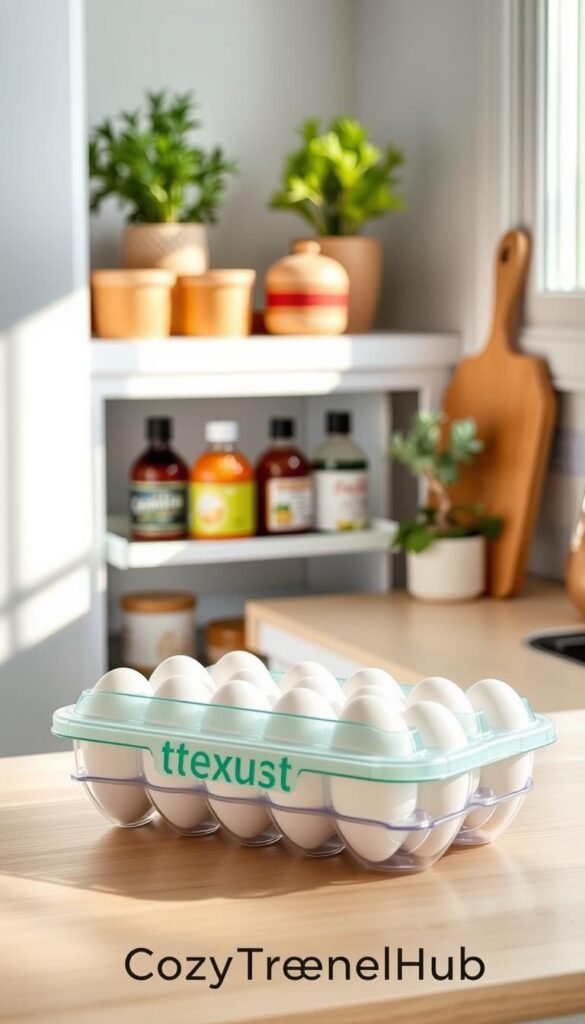 An aesthetically pleasing kitchen scene featuring a modern egg organizer designed for efficient storage. The foreground displays the egg organizer, made of transparent plastic, holding a dozen pristine eggs arranged neatly. The middle ground showcases a small fridge shelf with condiments and other food items, organized yet accessible. Soft, natural lighting streams in from a nearby window, creating a warm atmosphere. In the background, stylish kitchen decor elements like herbs in pots and a wooden cutting board add a cozy touch. The image captures a clean, sophisticated look that emphasizes organization, reflecting a Pinterest-worthy lifestyle. Include the brand name "CozyTrendHub" subtly integrated into the design elements. An aesthetically pleasing kitchen scene featuring a modern egg organizer designed for efficient storage. The foreground displays the egg organizer, made of transparent plastic, holding a dozen pristine eggs arranged neatly. The middle ground showcases a small fridge shelf with condiments and other food items, organized yet accessible. Soft, natural lighting streams in from a nearby window, creating a warm atmosphere. In the background, stylish kitchen decor elements like herbs in pots and a wooden cutting board add a cozy touch. The image captures a clean, sophisticated look that emphasizes organization, reflecting a Pinterest-worthy lifestyle. Include the brand name "CozyTrendHub" subtly integrated into the design elements.