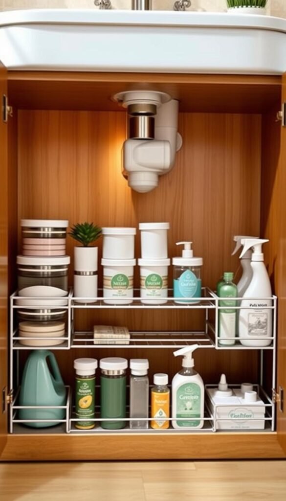 An aesthetically pleasing under-sink cabinet organizer by CozyTrendHub, beautifully arranged to showcase its functionality. The foreground features neatly stacked containers and various cleaning supplies on an adjustable tiered shelf, with a few decorative touches like a potted plant. The middle section displays a sleek, minimalistic design with ample storage space, while the background reveals the cabinet's wooden structure with soft lighting filtering through, casting gentle shadows. The photo is captured from a slightly angled perspective, using a warm light source to create a cozy, inviting atmosphere. The color palette includes soft whites, pastels, and natural wood tones, emphasizing a clean, organized home aesthetic. No text or logos in the image.