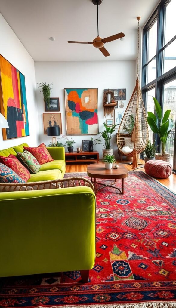 An eclectic living room showcasing maximalist decor with a harmonious blend of colors. In the foreground, a vibrant, oversized vintage rug anchors the space, featuring intricate patterns in warm tones. To the left, a bright green velvet sofa adorned with colorful patterned pillows invites relaxation. The middle ground features a unique coffee table, combining wood and gold accents, surrounded by eclectic art pieces on the walls, including a large abstract painting with bold colors. A bohemian-style hanging chair adds character to the room, while potted plants introduce a touch of nature. In the background, large windows bathe the space in soft, natural light, enhancing the inviting atmosphere. The scene captures a cozy yet vibrant modern living space, reflecting the essence of "CozyTrendHub."