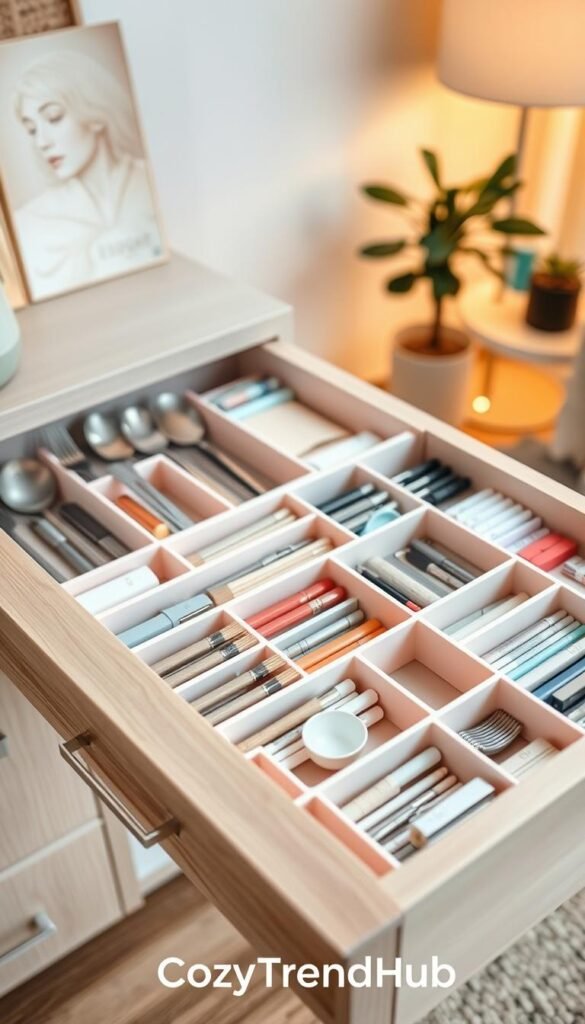 An elegant and organized drawer storage insert arrangement, showcasing various compartments filled with an array of neatly arranged utensils, office supplies, and personal items. The foreground features a light-colored wooden drawer partially opened, displaying the intricate organization of the inserts. In the middle ground, there are stylish, modern drawer dividers in soft pastel colors, emphasizing organization and functionality. The background includes a softly illuminated room setting, with warm ambient lighting filtering in through a nearby window, enhancing the cozy atmosphere. The scene is shot at a slight angle, adding depth and inviting the viewer into the space. The overall mood is serene and practical, embodying the brand "CozyTrendHub" with a focus on home organization solutions. An elegant and organized drawer storage insert arrangement, showcasing various compartments filled with an array of neatly arranged utensils, office supplies, and personal items. The foreground features a light-colored wooden drawer partially opened, displaying the intricate organization of the inserts. In the middle ground, there are stylish, modern drawer dividers in soft pastel colors, emphasizing organization and functionality. The background includes a softly illuminated room setting, with warm ambient lighting filtering in through a nearby window, enhancing the cozy atmosphere. The scene is shot at a slight angle, adding depth and inviting the viewer into the space. The overall mood is serene and practical, embodying the brand "CozyTrendHub" with a focus on home organization solutions.