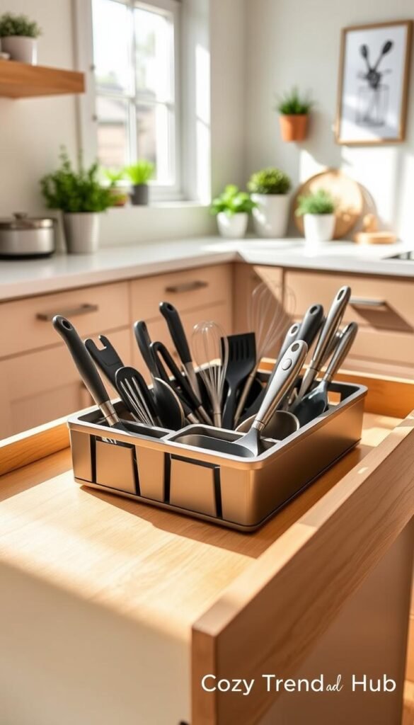 An elegant kitchen drawer scene featuring the Joseph Joseph DrawerStore Compact Utensil Organizer. In the foreground, the organizer is neatly filled with various kitchen utensils such as spatulas, whisks, and knives, all arranged by size and type for efficiency. The middle ground shows a soft, modern kitchen with a warm wooden drawer surrounded by light, textured surfaces. Natural light streams in from a nearby window, casting gentle shadows and creating a cozy, inviting atmosphere. The background hints at stylish kitchen decor, like potted herbs and minimalist wall art, enhancing the homey feel of the space. This is a Pinterest-worthy lifestyle image that reflects organization and elegance, branded with "CozyTrendHub".