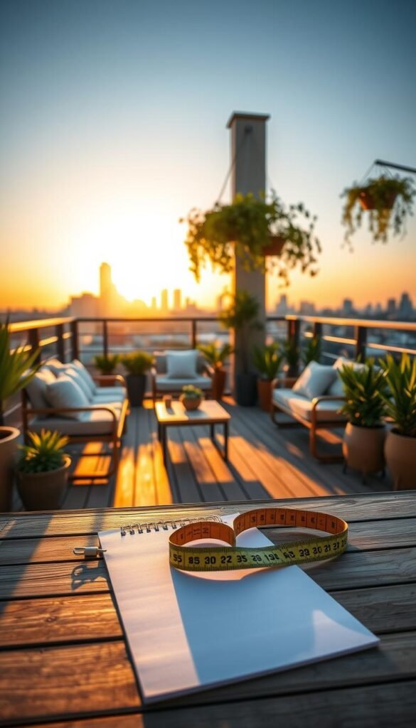 An elegantly arranged balcony space designed for measuring and planning decor, showcasing a softwood deck with a stylish seating area and potted plants. The foreground features a notepad and a tape measure laid on a wooden table, casting gentle shadows from the golden hour sunlight. In the middle, a cozy seating arrangement with cushions and a small coffee table, surrounded by vibrant greenery and hanging plants. The background includes a city skyline at sunset, with warm light illuminating the scene, enhancing a serene, inviting atmosphere. The overall composition should feel fresh and inspiring, embodying the spirit of home decor from CozyTrendHub. An elegantly arranged balcony space designed for measuring and planning decor, showcasing a softwood deck with a stylish seating area and potted plants. The foreground features a notepad and a tape measure laid on a wooden table, casting gentle shadows from the golden hour sunlight. In the middle, a cozy seating arrangement with cushions and a small coffee table, surrounded by vibrant greenery and hanging plants. The background includes a city skyline at sunset, with warm light illuminating the scene, enhancing a serene, inviting atmosphere. The overall composition should feel fresh and inspiring, embodying the spirit of home decor from CozyTrendHub.