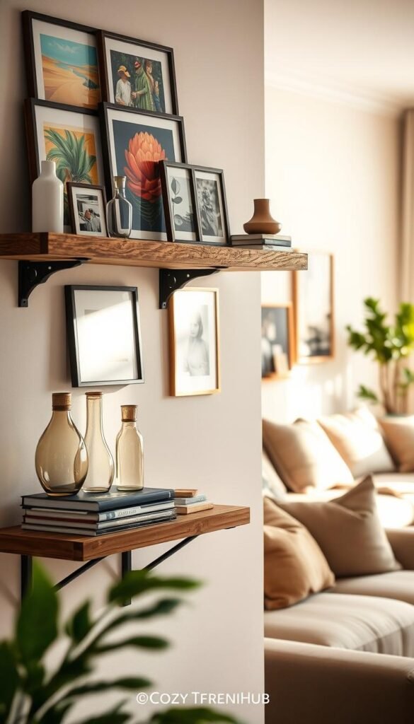 An elegantly styled picture ledge adorned with an array of art pieces, framed photographs, and decorative objects, creating a chic and inviting atmosphere. In the foreground, focus on a rustic wooden shelf displaying a composition of vibrant artwork, subtle glass vases, and a few stacked books. The middle ground features a cozy, softly lit living room with a comfortable sofa and a warm, inviting color palette. In the background, a tastefully decorated wall showcases light neutral tones, accentuating the shelf and its decorations. Use natural lighting to create a soft, warm glow that enhances the cozy feel. Capture the image from a slightly elevated angle, emphasizing the shelf&rsquo;s arrangement while maintaining a harmonious, Pinterest-style aesthetic. Designed for CozyTrendHub, this image reflects modern wall decor trends.