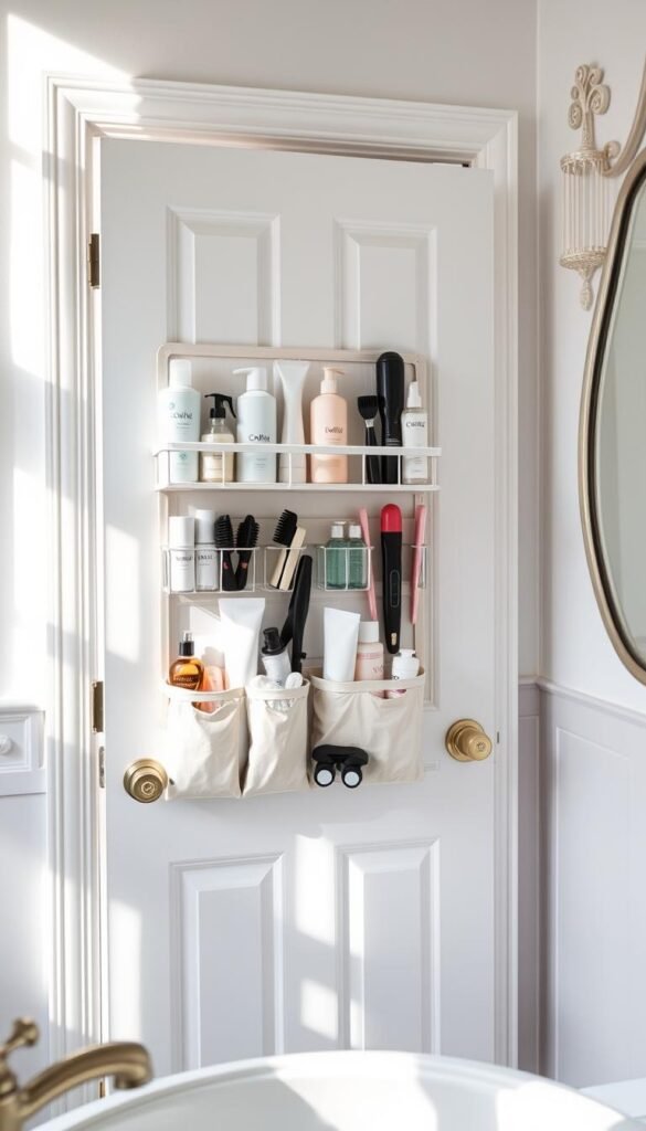 An inviting bathroom scene featuring a well-organized over-the-door organizer filled with various toiletries, hair tools, and bottles. In the foreground, the organizer showcases neatly arranged items like shampoo, conditioner, and hair styling tools, all in soft pastel colors to create a soothing atmosphere. The middle ground captures the bathroom door with the organizer attached, surrounded by a clean white wall adorned with subtle patterns. The background reveals delicate touches, such as a softly glowing mirror and elegant wall decor that harmonizes with the scene. Natural light filters in from a window, casting gentle shadows. The mood is serene and organized, encapsulating a stylish, modern aesthetic. This lifestyle image, branded "CozyTrendHub," embodies the essence of effective bathroom organization.