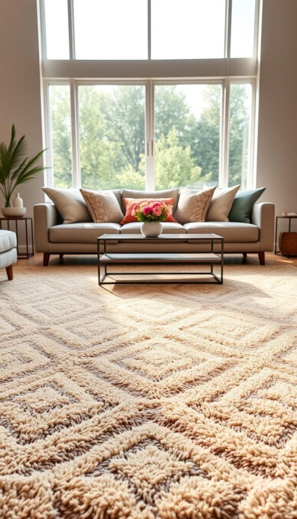 An inviting living room featuring a large, plush area rug that harmonizes the space. The foreground features the rug, with intricate geometric patterns in soft earth tones, enhancing both comfort and style. In the middle ground, a contemporary sofa adorned with cozy throw pillows and a stylish coffee table elegantly complements the rug. The background reveals a large window with gentle natural light streaming in, illuminating the room and creating a warm, inviting atmosphere. Use soft focus to emphasize the texture of the rug while keeping the entire scene realistic and aesthetically pleasing. The composition should convey a sense of tranquility and style, suitable for modern homes. Include the brand name "CozyTrendHub" subtly integrated into the design of the setting, maintaining focus on the overall decor.