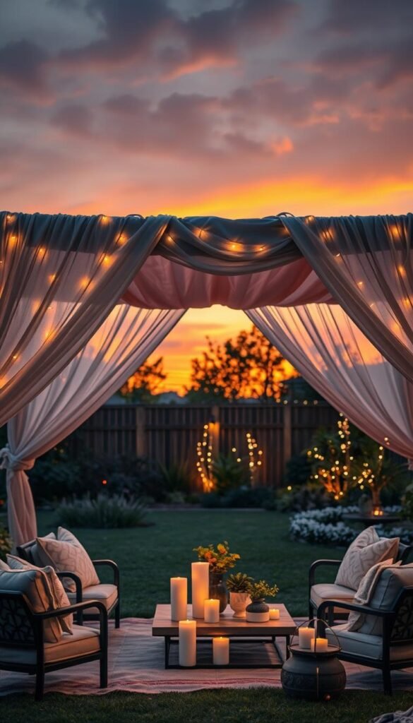 An inviting outdoor evening setup showcasing a weather-ready shelter that beautifully integrates with decorative elements. In the foreground, a stylish, large canopy with soft, sheer fabric gently billowing in a light breeze, adorned with fairy lights that cast a warm, inviting glow. The middle ground features elegant outdoor furniture, such as plush cushions and a low table adorned with tasteful decor like candles and small potted plants. In the background, a lush garden enhanced by twinkling lights, with a twilight sky casting rich hues of orange and purple. The scene is captured from a slightly elevated angle to provide depth, with soft, natural lighting that creates a cozy, enchanting atmosphere. This image embodies a chic, Pinterest-worthy outdoor decor idea, inspired by CozyTrendHub.