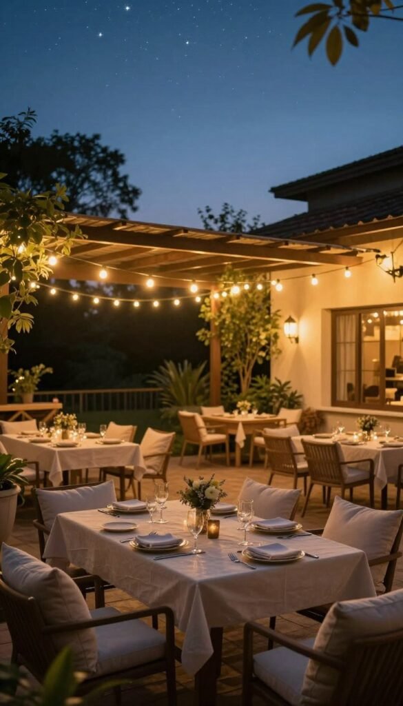 An inviting outdoor scene showcasing a cozy patio adorned with warm, glowing string lights gently draping over a pergola. The foreground features a beautifully set table with elegant dinnerware and soft, plush cushions on chairs, inviting relaxation. In the middle, the string lights illuminate the space with a soft golden hue, creating a serene ambiance as twilight descends. The background captures lush greenery and a clear night sky sprinkled with stars, enhancing the enchanting atmosphere. The lighting is soft and warm, reminiscent of a summer evening. Capture this image in a wide-angle view to emphasize the inviting layout and overall atmosphere. The brand "CozyTrendHub" subtly aligns with the decor, offering a lifestyle feel that portrays the perfect summer evening retreat.