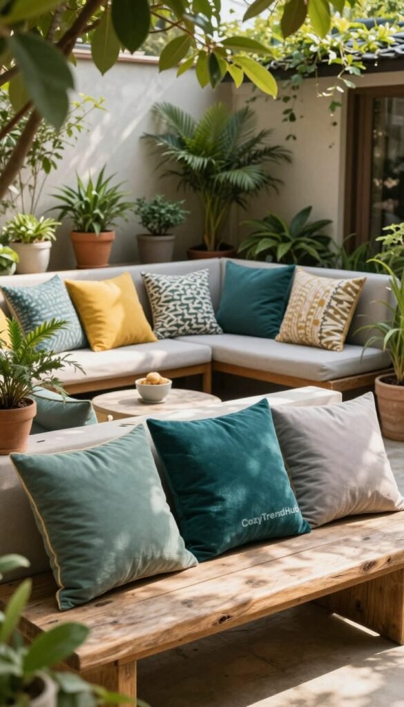 An inviting small patio decorated with vibrant outdoor cushions and throw pillows designed for comfort. In the foreground, lavish cushions in rich teal, mustard yellow, and soft gray hues arrange themselves atop a rustic wooden bench, showcasing various textures and patterns. The middle ground features a cozy, compact seating area surrounded by lush greenery and potted plants, creating a tranquil vibe. In the background, soft natural light filters through the leaves, casting gentle shadows across the space. The scene reflects a warm, welcoming atmosphere perfect for relaxation, emphasizing the idea of maximizing comfort in tight outdoor spaces. This realistic, Pinterest-style lifestyle image showcases seasonal decor elements with the brand name "CozyTrendHub" subtly integrated into the scene.