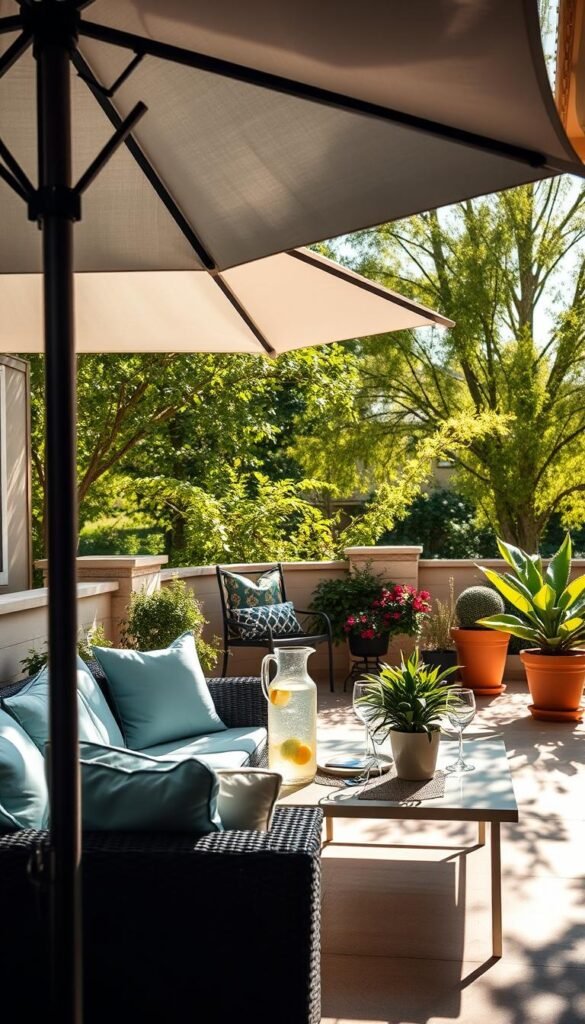 An inviting, sunlit outdoor patio scene designed for summer relaxation, featuring stylish, non-permanent shade solutions. In the foreground, a stylish freestanding umbrella casting a soft shadow over a cozy seating area adorned with plush cushions in cool blues and soft whites. In the middle, a sleek outdoor table with a refreshing pitcher of lemonade and elegant glassware, complemented by leafy potted plants that add a touch of vibrancy. The background showcases a decorated garden with tall green trees swaying gently in a light breeze, filtering warm sunlight. The atmosphere is tranquil and refreshing, accentuated by dappled light patterns on the patio floor. The image embodies summer elegance and comfort, branded with "CozyTrendHub," captured with a warm focus, emphasizing depth and inviting tones. An inviting, sunlit outdoor patio scene designed for summer relaxation, featuring stylish, non-permanent shade solutions. In the foreground, a stylish freestanding umbrella casting a soft shadow over a cozy seating area adorned with plush cushions in cool blues and soft whites. In the middle, a sleek outdoor table with a refreshing pitcher of lemonade and elegant glassware, complemented by leafy potted plants that add a touch of vibrancy. The background showcases a decorated garden with tall green trees swaying gently in a light breeze, filtering warm sunlight. The atmosphere is tranquil and refreshing, accentuated by dappled light patterns on the patio floor. The image embodies summer elegance and comfort, branded with "CozyTrendHub," captured with a warm focus, emphasizing depth and inviting tones.