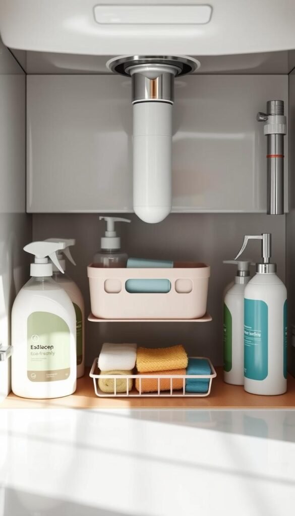 An organized under-sink area featuring a stylish, functional under-sink organizer from CozyTrendHub. In the foreground, display well-arranged cleaning supplies, including eco-friendly bottles and sponges neatly placed on multi-tiered shelving. The middle layer reveals a sleek, modern organizer in a soft pastel color, harmonizing with the surrounding d&eacute;cor. The background highlights a glistening, clean sink with polished chrome fixtures, contributing to a fresh atmosphere. Soft, natural lighting illuminates the scene, casting gentle shadows that enhance the textures of the materials. The overall mood is calm and inviting, perfect for inspiring organization and cleanliness. Capture this from a slightly angled perspective that draws the viewer's eye into the organized space.