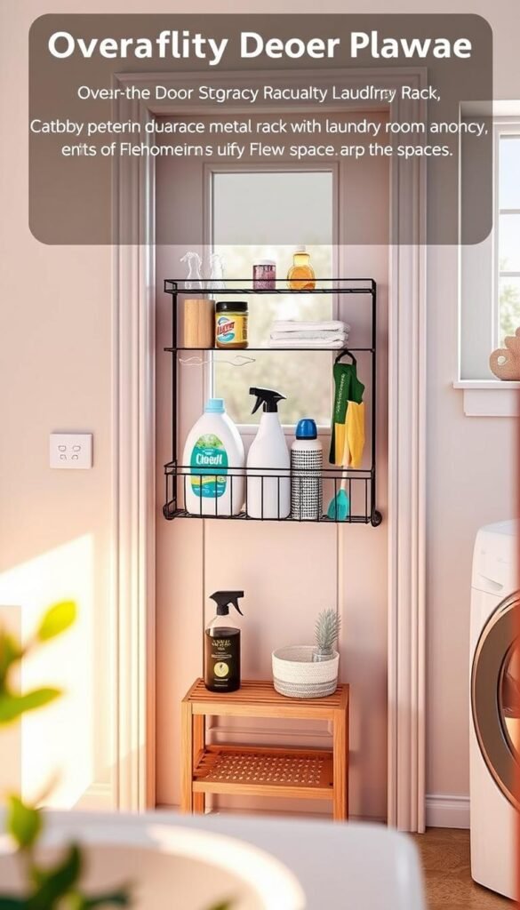 An over-the-door storage rack elegantly displayed in a cozy laundry room setting, showcasing neatly organized bottles of detergent, a stain remover, and various laundry tools. The rack is crafted from durable metal with a sleek design, highlighting its practical use in small spaces. In the foreground, a small wooden shelf holds laundry essentials, surrounded by a soft, warm light that fills the room, giving it an inviting feel. The middle section features the vibrant colors of the storage rack contrasted against a subtle, pastel wall. In the background, a window allows natural light to stream in, enhancing the overall homely atmosphere. The scene embodies a sense of order and functionality, perfect for illustrating optimal laundry storage solutions. Captured in a well-lit, softly focused lens that emphasizes detail, presented in a Pinterest-style aesthetic. Brand name: CozyTrendHub.