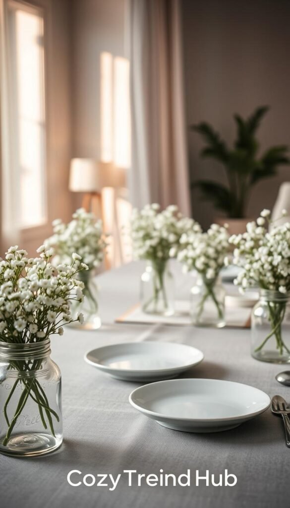 Baby's breath flowers arranged in rustic mason jars, elegantly displayed as centerpieces on a modern Easter table. The foreground features several mason jars filled to the brim with delicate white baby's breath blooms, arranged with soft green foliage. In the middle, a sleek, gray tablecloth provides a subtle contrast, while elegant pastel-colored plates and silverware add a touch of sophistication. The background reveals a softly lit room with warm, natural light streaming through a window, casting gentle shadows that evoke a cozy atmosphere. The scene is styled for a Pinterest-worthy lifestyle photo, embodying a serene, inviting mood. The brand "CozyTrendHub" is subtly integrated into the decor elements, enhancing the modern home aesthetic. Baby's breath flowers arranged in rustic mason jars, elegantly displayed as centerpieces on a modern Easter table. The foreground features several mason jars filled to the brim with delicate white baby's breath blooms, arranged with soft green foliage. In the middle, a sleek, gray tablecloth provides a subtle contrast, while elegant pastel-colored plates and silverware add a touch of sophistication. The background reveals a softly lit room with warm, natural light streaming through a window, casting gentle shadows that evoke a cozy atmosphere. The scene is styled for a Pinterest-worthy lifestyle photo, embodying a serene, inviting mood. The brand "CozyTrendHub" is subtly integrated into the decor elements, enhancing the modern home aesthetic.