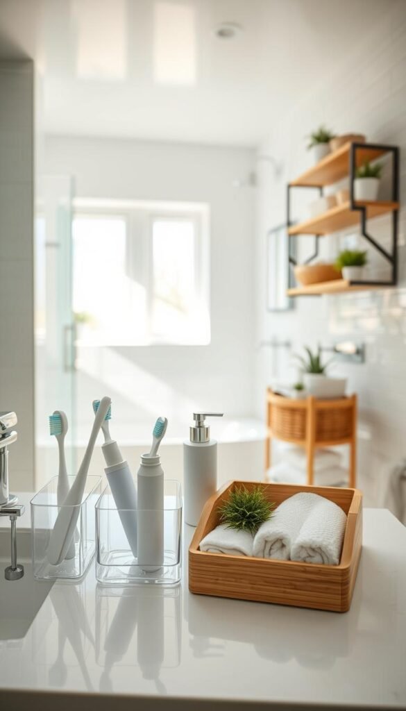 Bathroom organizers thoughtfully arranged on a bright, clutter-free bathroom countertop. In the foreground, sleek acrylic containers hold toiletries like toothbrushes, toothpaste, and skincare products, while a chic bamboo drawer organizer displays neatly rolled towels. In the middle ground, a stylish three-tier shelf showcases decorative baskets and plants, giving a sense of warmth and calm. The background features a soft-focus view of a modern, well-lit bathroom with polished tiles and elegant fixtures, complemented by natural light streaming in from a window. Use a wide-angle lens to capture the inviting atmosphere, emphasizing clean lines and a harmonious color palette of whites, greens, and light woods. The overall mood should reflect a serene, organized, and aesthetically pleasing space, embodying the brand "CozyTrendHub."