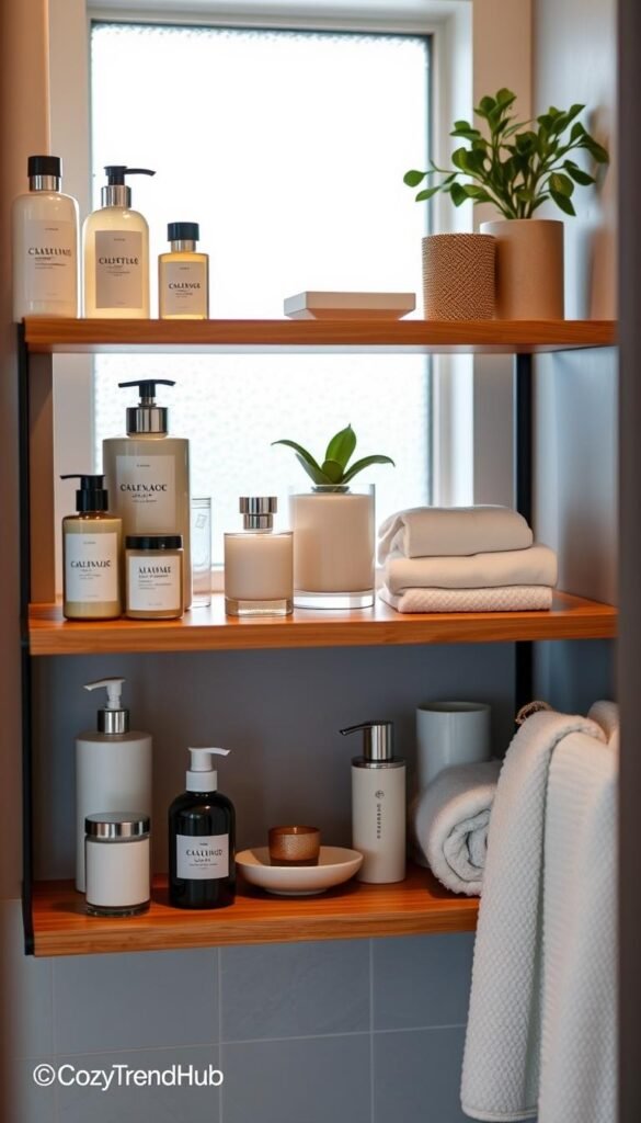 Bathroom shelves adorned with stylish toiletries and small decorative items. In the foreground, the shelves showcase an array of neatly organized bath products in chic containers, such as lotions, soaps, and a small potted plant. The middle layer features a few decorative touches, like a hand towel neatly folded and an elegant candle adding a warm ambiance. The background reveals a softly blurred bathroom setting, with light streaming in through a frosted window, creating a serene and inviting atmosphere. The image is captured from a slightly elevated angle to emphasize the shelving units, with soft, natural lighting enhancing the warm tones of the decor. Imagine a Pinterest-worthy design that conveys practicality and style, branded subtly with "CozyTrendHub" in the corner.