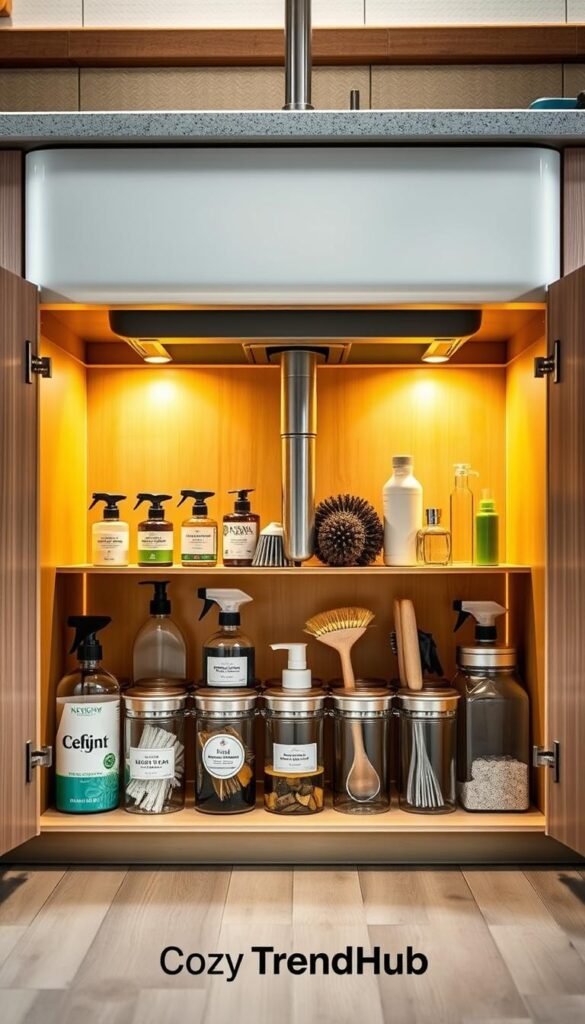 Beneath a modern kitchen sink, a neatly organized under-sink cabinet showcases an array of stylish storage solutions for cleaning supplies. The foreground features clear, labeled containers filled with eco-friendly cleaners and brushes, arranged in a visually appealing manner. In the middle, a tiered shelf displays sponges, dish soap, and essential tools for easy access, all cleverly circumventing plumbing pipes. The background reveals a serene kitchen setting with warm, soft lighting that enhances the cozy atmosphere, highlighting the sleek cabinet doors with a light wood finish. The scene is framed from a diagonal angle, capturing the depth of the storage space, as if inviting viewers to imagine their own organized cabinets. The overall vibe reflects the essence of "CozyTrendHub," blending functionality with aesthetic appeal.
