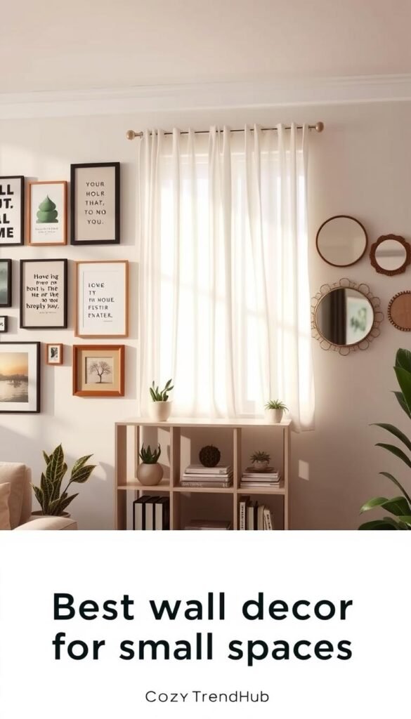 Best wall decor for small spaces, featuring a cozy and stylish room design. In the foreground, a well-arranged gallery wall with a mix of framed art, inspirational quotes, and decorative mirrors in varying sizes and styles. The middle layer showcases a sleek, minimalist bookshelf adorned with small plants and books, harmonizing with the wall decor. In the background, soft, natural light filters through a window adorned with sheer curtains, casting gentle shadows that enhance the serene atmosphere. The color palette includes warm neutrals with pops of muted pastels, evoking a sense of comfort and tranquility. Capturing the essence of effective small space decor, this Pinterest-style lifestyle image embraces practical yet chic elements for maximizing wall space. Incorporate a subtle logo for "CozyTrendHub" in the corner, ensuring the ambiance remains inviting and on-trend.