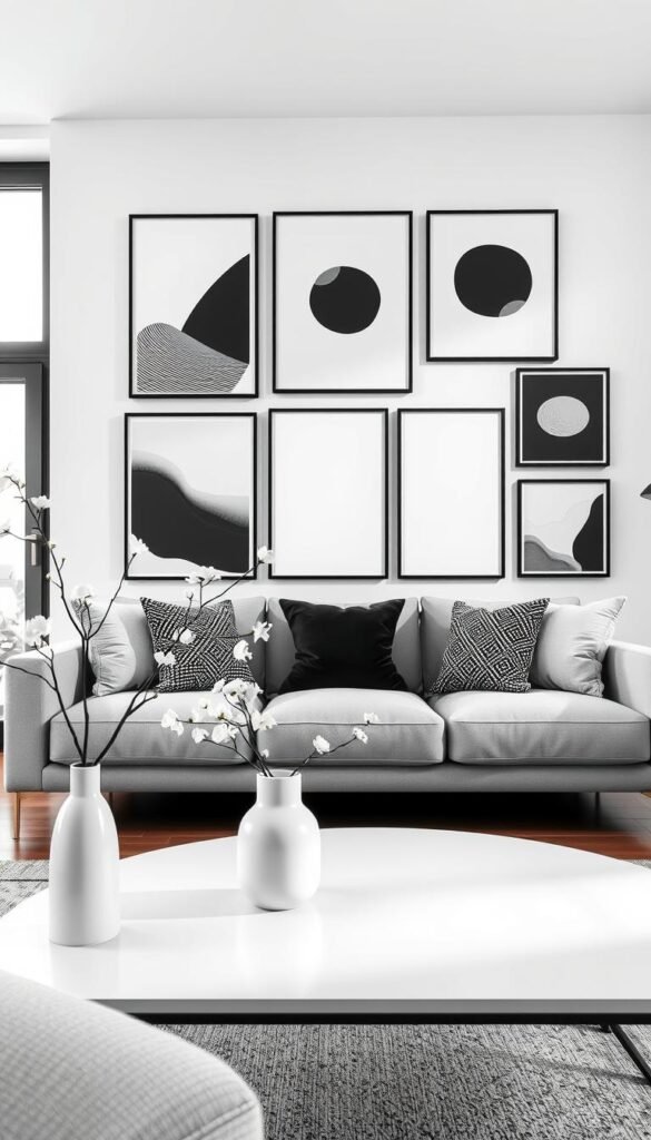 Black and white wall art sets beautifully arranged in a modern apartment living room. In the foreground, a minimalist coffee table with a sleek vase holding monochromatic flowers sits beside a stylish sofa adorned with textured cushions. The middle layer features a striking gallery wall showcasing various geometric and abstract black and white prints, framed in clean lines and contrasting with the light wall. In the background, large windows let in soft, natural light, creating a warm and inviting atmosphere. The overall mood is calm and sophisticated, perfect for a cozy apartment setting. Emphasize a Pinterest-style aesthetic, enhancing the visual appeal for CozyTrendHub, ensuring no text or logos are present in the image.