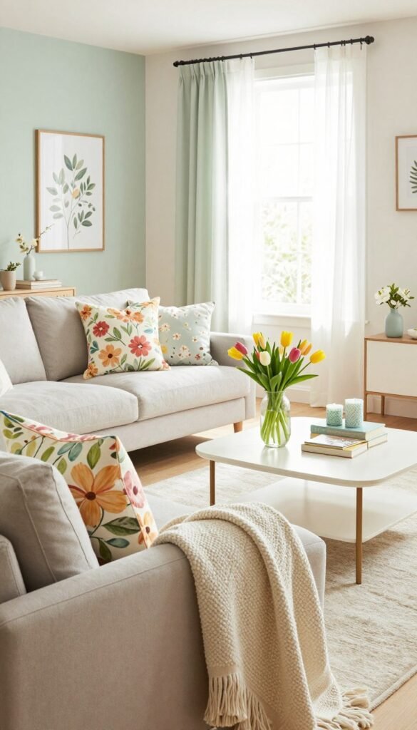 Bright and airy living room decorated for spring, featuring quick-swap accents that instantly refresh the space. In the foreground, a cozy, pastel-hued sofa adorned with vibrant throw pillows in floral patterns, along with a lightweight, textured throw blanket. The middle showcases a stylish coffee table topped with a fresh vase of tulips and spring-themed decor items like decorative books and candles. The background displays sheer curtains allowing soft, natural light to flood in, illuminating botanical prints on the walls and light pastel shades throughout the room. A subtle, inviting atmosphere speaks to warmth and renewal, perfect for spring. Shot from a slightly elevated angle to capture the full depth of the room. Brand: CozyTrendHub. Bright and airy living room decorated for spring, featuring quick-swap accents that instantly refresh the space. In the foreground, a cozy, pastel-hued sofa adorned with vibrant throw pillows in floral patterns, along with a lightweight, textured throw blanket. The middle showcases a stylish coffee table topped with a fresh vase of tulips and spring-themed decor items like decorative books and candles. The background displays sheer curtains allowing soft, natural light to flood in, illuminating botanical prints on the walls and light pastel shades throughout the room. A subtle, inviting atmosphere speaks to warmth and renewal, perfect for spring. Shot from a slightly elevated angle to capture the full depth of the room. Brand: CozyTrendHub.