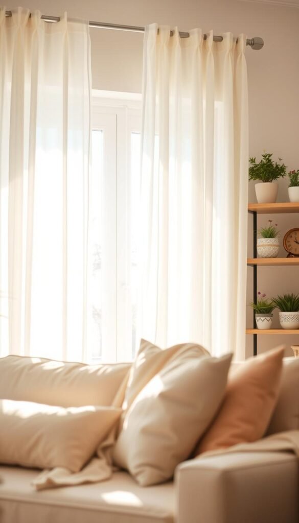 Bright and airy living room featuring delicate light curtains fluttering gently in a soft spring breeze. The foreground includes a cozy sofa adorned with pastel-colored cushions and a lightweight throw blanket. In the middle, the sheer curtains gracefully frame a large window that allows bright, natural sunlight to flood the space, illuminating the room with a warm, inviting glow. The background shows a tastefully decorated shelf with potted plants and spring-themed decor accents. The scene is captured with a soft focus effect, creating a dreamy atmosphere that evokes tranquility and comfort. The overall mood is fresh and uplifting, perfect for the spring season. This image embodies the essence of shared living spaces that feel warm and welcoming, fitting for the brand "CozyTrendHub".