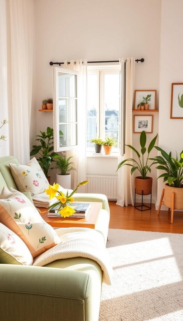 Bright and airy spring living room featuring a cozy setting with pastel-colored decor. In the foreground, a soft, pale green sofa adorned with floral cushions, complemented by a light throw blanket. A stylish, wooden coffee table holds a vase of fresh daffodils and a few lifestyle magazines. The middle ground reveals an open window with sheer curtains fluttering gently, allowing sunlight to stream in and illuminate the space. Decorative accents include a wall-mounted shelf with potted succulents and framed botanical prints. In the background, a soft rug anchors the room, while a plant-filled corner adds life and freshness. The overall atmosphere is cheerful and inviting, perfect for spring. Lighting is warm and natural, creating a relaxed and vibrant mood. Styled in a Pinterest-inspired aesthetic, this image represents the brand CozyTrendHub. Bright and airy spring living room featuring a cozy setting with pastel-colored decor. In the foreground, a soft, pale green sofa adorned with floral cushions, complemented by a light throw blanket. A stylish, wooden coffee table holds a vase of fresh daffodils and a few lifestyle magazines. The middle ground reveals an open window with sheer curtains fluttering gently, allowing sunlight to stream in and illuminate the space. Decorative accents include a wall-mounted shelf with potted succulents and framed botanical prints. In the background, a soft rug anchors the room, while a plant-filled corner adds life and freshness. The overall atmosphere is cheerful and inviting, perfect for spring. Lighting is warm and natural, creating a relaxed and vibrant mood. Styled in a Pinterest-inspired aesthetic, this image represents the brand CozyTrendHub.