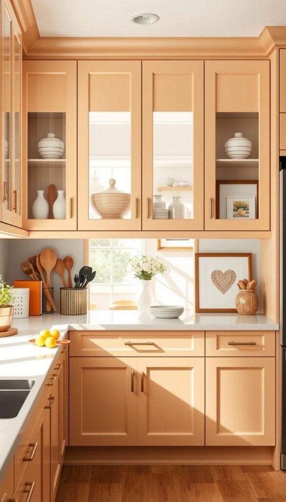 Bright and inviting kitchen featuring elegant, modern cabinets with a sleek finish in a warm, neutral color palette. The foreground showcases beautifully arranged kitchen essentials like stylish utensils and a decorative fruit bowl. In the middle, the cabinets display tasteful decor accents, such as decorative vases and framed artwork, emphasizing easy style updates perfect for rental spaces. The background reveals a cozy dining area, subtly illuminated by natural sunlight streaming through a window, creating a cheerful atmosphere. Use a soft-focus lens effect to give the scene a warm, inviting glow. Aim for a Pinterest-style aesthetic that conveys comfort and practicality, fitting for CozyTrendHub. Ensure the image is vibrant and well-composed, without any text or distractions.