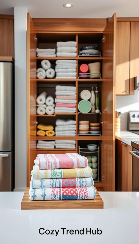 Bright and inviting kitchen interior featuring a neatly organized cabinet specifically designed for kitchen towels. In the foreground, a stack of beautifully folded, colorful kitchen towels in various patterns sits on a stylish wooden shelf. The middle layer presents a sleek, modern cabinet with soft-close doors, showcasing a well-arranged display of folded towels and smart storage solutions like pull-out racks and tiered organizers. The background reveals a well-lit kitchen space with natural light streaming in from a nearby window, highlighting the warm wooden cabinetry and contemporary appliances. The atmosphere feels cozy and functional, perfect for maximizing storage in small spaces. The overall aesthetic aligns with the brand CozyTrendHub, emphasizing practical design and stylish organization.