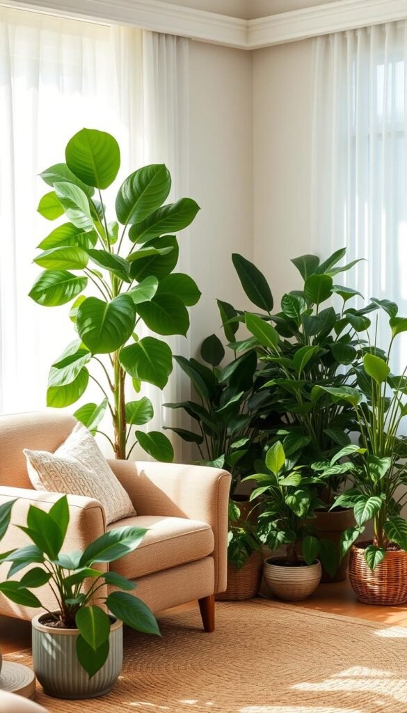 Bright and inviting living room corner filled with lush greenery, featuring a mix of both faux and real plants. In the foreground, a tall fiddle leaf fig tree stands gracefully next to a cozy armchair adorned with soft, textured pillows. The middle area showcases a vibrant collection of assorted potted plants, including snake plants and pothos, creating a relaxing haven. A soft, woven rug lies beneath, enhancing the warmth of the space. The background features gentle natural light streaming through sheer curtains, casting a peaceful glow over the scene. The overall mood is tranquil and soothing, perfect for reading or unwinding. Style inspired by cozy, contemporary decor, similar to the aesthetic of CozyTrendHub. Bright and inviting living room corner filled with lush greenery, featuring a mix of both faux and real plants. In the foreground, a tall fiddle leaf fig tree stands gracefully next to a cozy armchair adorned with soft, textured pillows. The middle area showcases a vibrant collection of assorted potted plants, including snake plants and pothos, creating a relaxing haven. A soft, woven rug lies beneath, enhancing the warmth of the space. The background features gentle natural light streaming through sheer curtains, casting a peaceful glow over the scene. The overall mood is tranquil and soothing, perfect for reading or unwinding. Style inspired by cozy, contemporary decor, similar to the aesthetic of CozyTrendHub.