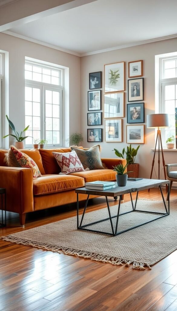 Bright and inviting living room interior featuring a stylish blend of modern and bohemian decor. In the foreground, a plush velvet sofa in a warm, earthy tone is adorned with colorful decorative pillows. A chic coffee table made of reclaimed wood and metal holds a few coffee table books and a small potted plant. In the middle, a textured area rug lays on polished hardwood floors, enhancing the cozy atmosphere. The background showcases a gallery wall of framed art and photographs, with soft ambient lighting coming from a stylish floor lamp. The natural light streams in through large windows, creating a warm and welcoming glow. This scene reflects the perfect renter style mix for any home, room, and budget. Capture this inviting atmosphere for CozyTrendHub.
