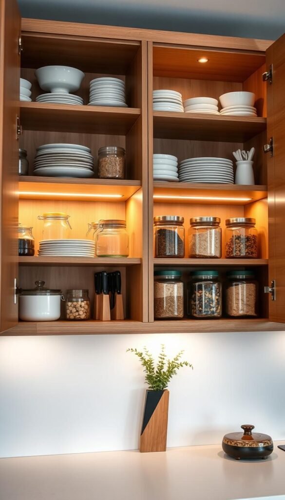 Cabinet shelves in a modern kitchen setting, filled with neatly organized dishes, glass jars, and spices, demonstrating optimal storage solutions. The foreground showcases a stylish wooden cabinet with open shelves that appear both functional and aesthetically pleasing. In the middle, softly lit kitchen elements, such as a trendy knife set and a decorative plant, add warmth. The background features a light-colored backsplash and ambient lighting, creating a cozy atmosphere. The scene is captured from a slightly elevated angle, emphasizing the spacious feel of the cabinetry. The overall mood is welcoming and organized, ideal for small apartments. Inspired by CozyTrendHub's lifestyle aesthetic. Cabinet shelves in a modern kitchen setting, filled with neatly organized dishes, glass jars, and spices, demonstrating optimal storage solutions. The foreground showcases a stylish wooden cabinet with open shelves that appear both functional and aesthetically pleasing. In the middle, softly lit kitchen elements, such as a trendy knife set and a decorative plant, add warmth. The background features a light-colored backsplash and ambient lighting, creating a cozy atmosphere. The scene is captured from a slightly elevated angle, emphasizing the spacious feel of the cabinetry. The overall mood is welcoming and organized, ideal for small apartments. Inspired by CozyTrendHub's lifestyle aesthetic.
