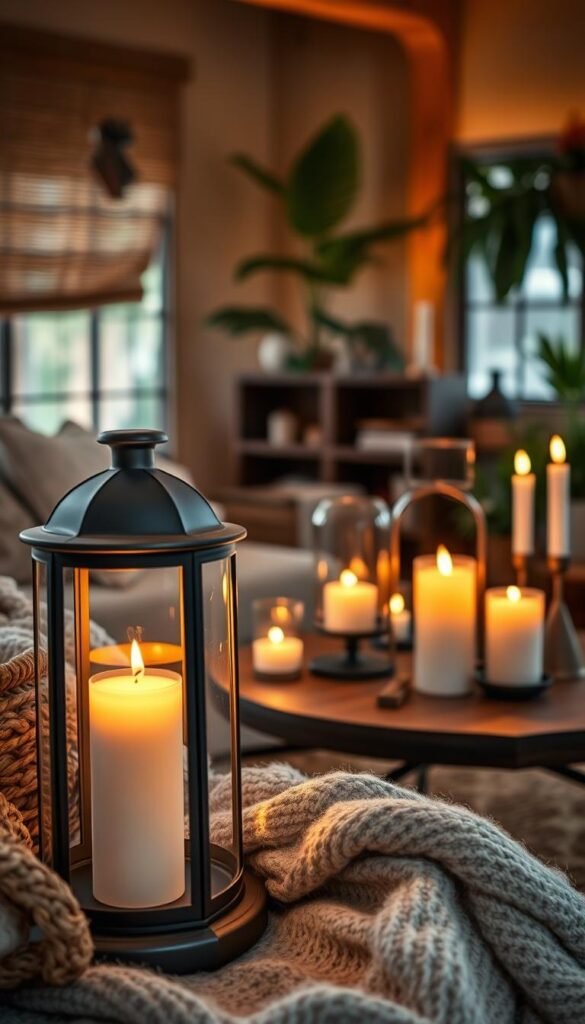 Candle lanterns softly illuminating a cozy indoor space, featuring a mix of rustic and modern decor elements. In the foreground, a beautifully designed lantern with flickering candlelight casts warm glows, surrounded by textured textiles like a plush throw and woven baskets. The middle ground showcases a stylish wooden table adorned with varied candle holders, some elegantly curved, others minimalistic, holding candles of different heights. In the background, a softly blurred scene of a serene room with warm-toned walls and potted plants, enhancing the tranquil ambiance. The overall lighting is soft and inviting, evoking a sense of calm and warmth. Use a shallow depth of field to emphasize the lanterns. This is a Pinterest-style lifestyle photo by CozyTrendHub.