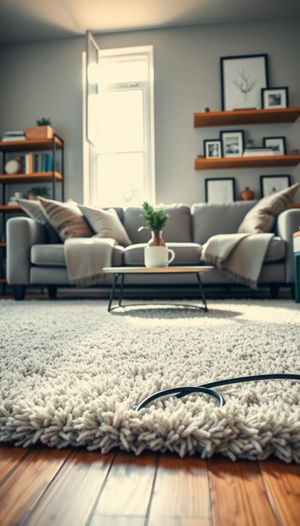 Captivating living room scene showcasing stylish rug placement designed to discreetly conceal cords on a hardwood floor. The foreground features a plush, neutral-toned area rug with visible cables cleverly tucked beneath, blending seamlessly into the decor. In the middle ground, a cozy sofa adorned with textured throw pillows and a soft blanket invites relaxation. A small coffee table is decorated with a steaming mug and a decorative plant. The background reveals tastefully arranged shelves filled with books and framed artwork, bathed in warm, natural light streaming through a window, creating a serene atmosphere. The overall mood is inviting and stylish, emphasizing clean lines and modern decor. This image reflects the aesthetic of CozyTrendHub, highlighting practical yet chic home solutions. Captivating living room scene showcasing stylish rug placement designed to discreetly conceal cords on a hardwood floor. The foreground features a plush, neutral-toned area rug with visible cables cleverly tucked beneath, blending seamlessly into the decor. In the middle ground, a cozy sofa adorned with textured throw pillows and a soft blanket invites relaxation. A small coffee table is decorated with a steaming mug and a decorative plant. The background reveals tastefully arranged shelves filled with books and framed artwork, bathed in warm, natural light streaming through a window, creating a serene atmosphere. The overall mood is inviting and stylish, emphasizing clean lines and modern decor. This image reflects the aesthetic of CozyTrendHub, highlighting practical yet chic home solutions.